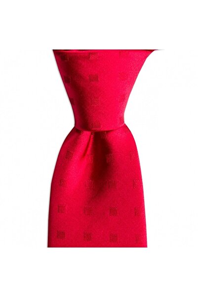 1001 Kravat Minimal Square Patterned 7.5 cm Wide Red Colored Satin Silk Tie
