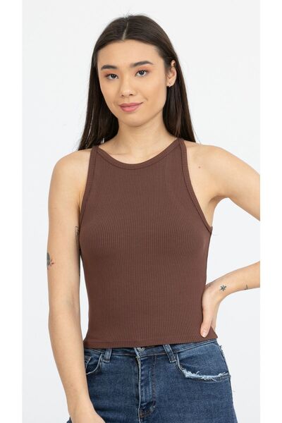 Kallisto Brown Ribbed Halter Collar Knitted Crop Tank Top