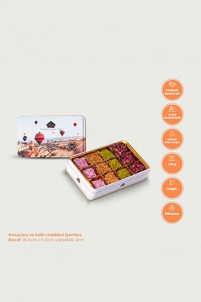 Çerez Pazarı King Turkish Delight 240g - in a Gift Metal Box, Mix Special Antep, with Peanuts and Nuts