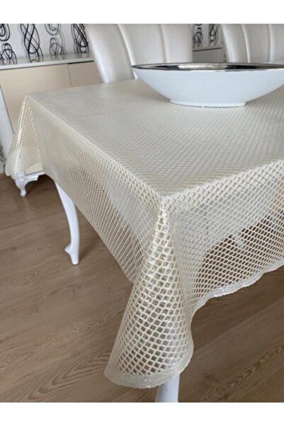Aksu Mefruşat Şeffaf Kaplamalı Petek Desenli Pvc Muşamba Masa Örtüsü Krem