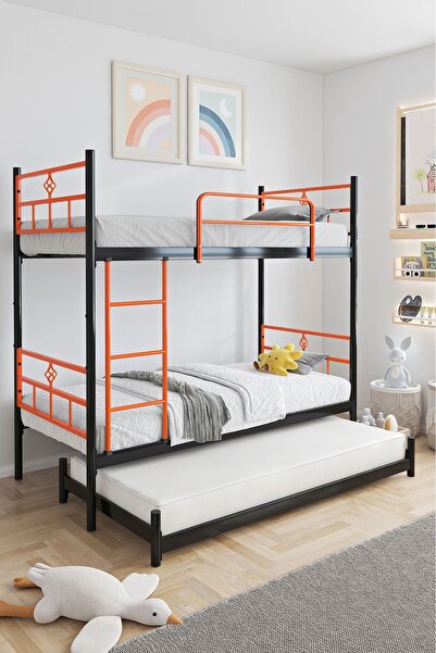 FANO Koza Yavrulu Ranza 90x190 Yatak Uyumlu 3 Kişilik Turuncu Metal Ranza Karyola