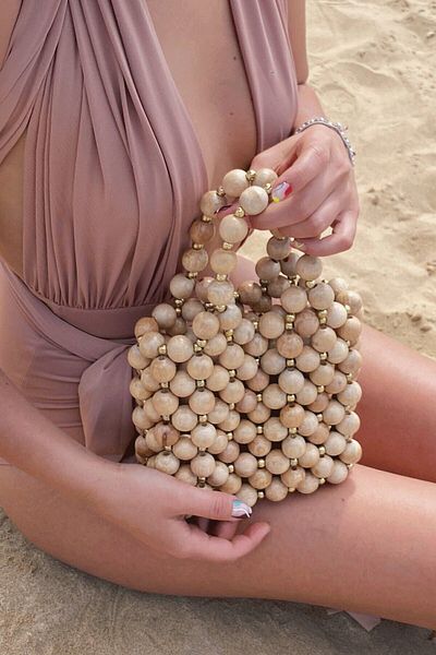 Sun Pieces Jojo Wooden Gold Detailed Bead Bag, Women's Handbag, Sparkling Evening Bag
