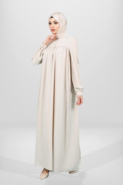 Beyza Μπεζ Φόρεμα Hijab - Κομμένο από το Ρόμπα, Μανσέτα με κουμπί 5616
