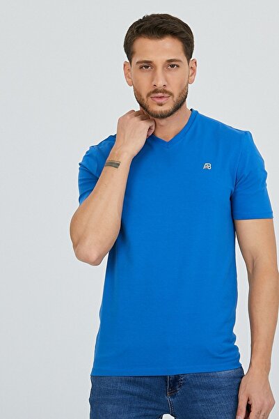 Kallisto Tricou basic bărbați - safir cu decolteu în V, bumbac slim fit