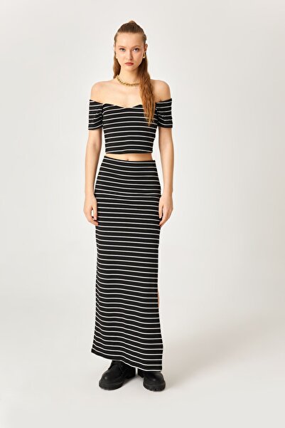 Kallisto Set de fuste cu mâneci scurte cu dungi negre cu talie înaltă