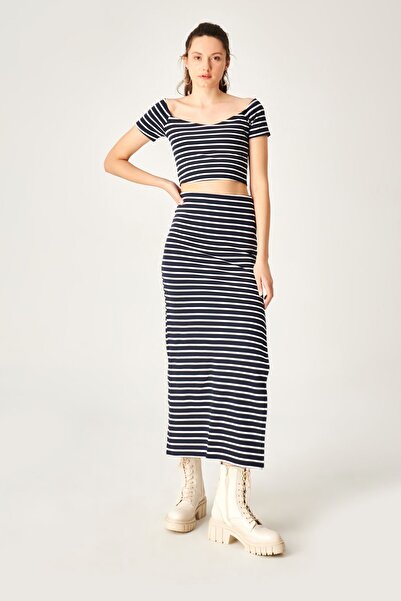 Kallisto Navy Blue Striped Short Sleeve Crop High Waist Slit Skirt Set