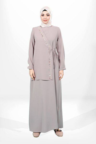 Beyza Μπεζ Χρώμα Φόρεμα Hijab - Λεπτομέρεια με ρίγες μύδι και δέσιμο στο πλάι 5657