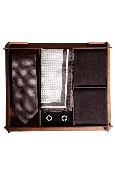 1001 Kravat Silk Tie and Silk Handkerchief Metal Cufflinks - with Bamboo Socks Wooden Gift Box