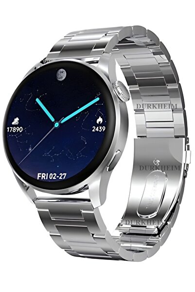 DURKHEİM Sport Akıllı Saat Yuvarlak Kasa Çelik Kordonlu Smart Watch Apple ve Android Uyumlu