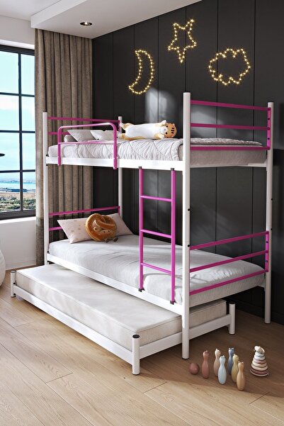 FANO Trend Yavrulu Ranza 90x200 Yatak Uyumlu 3 Kişilik Koyu Pembe Metal Ranza...