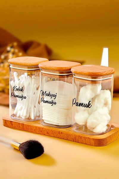 FBZhome Mica Ear Cotton Organizer 3 τεμαχίων - Ξύλινη βάση, κουτί αποθήκευσης 300 ml