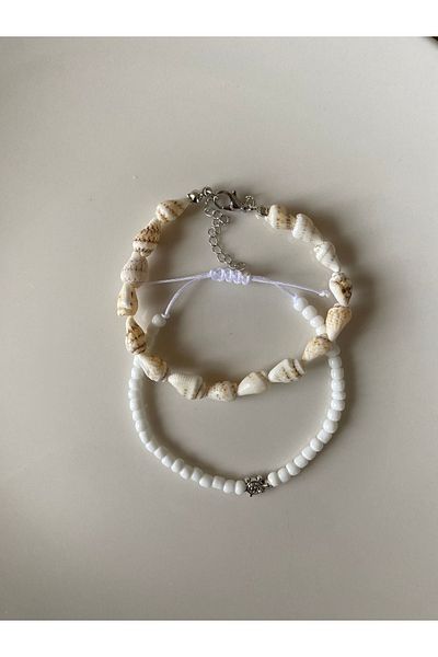 Stoneday 2-Piece Anklet - Turtle, Figured White Sand and Bead Seashell