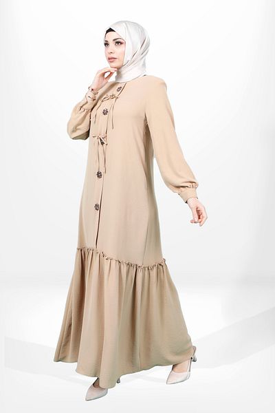 Beyza Μπεζ Χρώμα Φόρεμα Hijab - Φούστα με φιόγκο και λουλούδια 5656