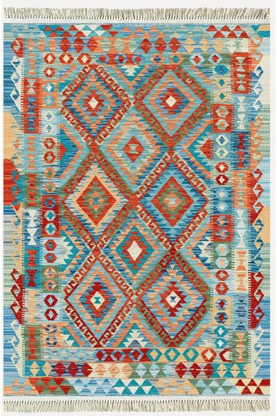 kilim home سجادة قاعدة منسوجة مزخرفة بنمط هندسي من سلسلة القطن باللون الأزرق ...