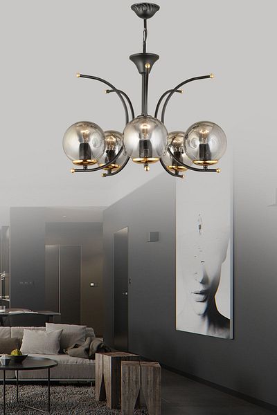 SONSUZ AYDINLATMA&AVİZE Fairy Black 5-Piece Smoked Globe Glass Upward-Facing Modern Luxury Chandelier