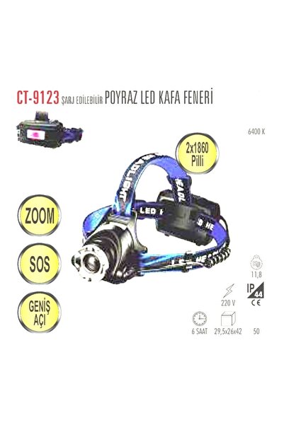 Cata Ct-9123 Poyraz Kafa Lambası Ledli Şarj Edilebilir Zom Sos Geniş Açı