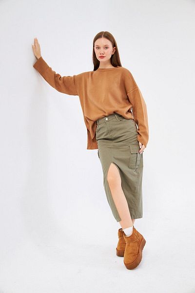 Kutaf Long Denim Skirt with Cargo Pocket