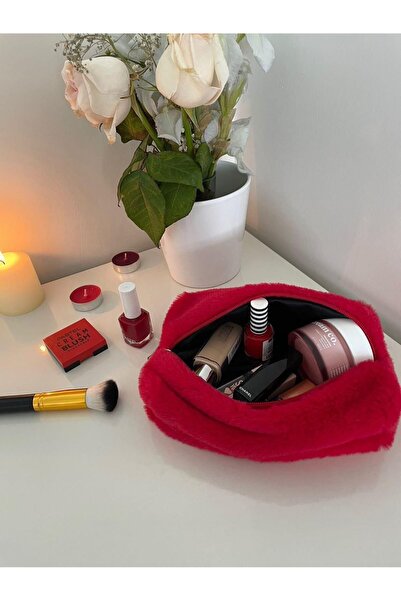 luckyjoys حقيبة مكياج قطيفة حمراء متوسطة الحجم - حامل قلم