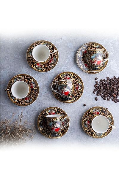 Kosova Vintage Vienna Royal Style Black and Gold Coffee Cup Set of 6