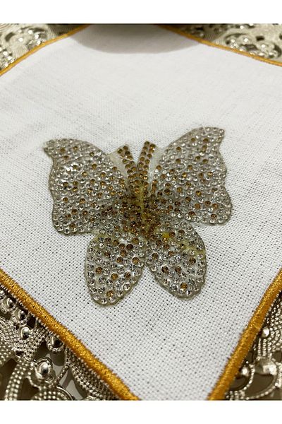 AYNAKIŞÇEYİZ 6 Pieces of Stoned Butterfly Patterned Linen Coffee Side Presentation Napkin