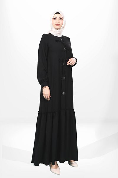 Beyza Μαύρο Φόρεμα Hijab - Φούστα με φιόγκο και λουλούδια 5656