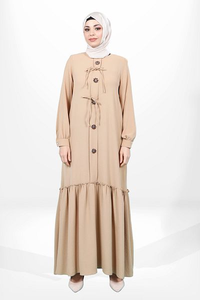 Beyza Μπεζ Χρώμα Φόρεμα Hijab - Φούστα με φιόγκο και λουλούδια 5656