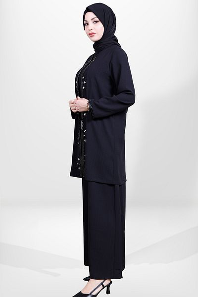 Beyza Black Hijab Dress - Bead Embroidered and Cardigan, Model 5673