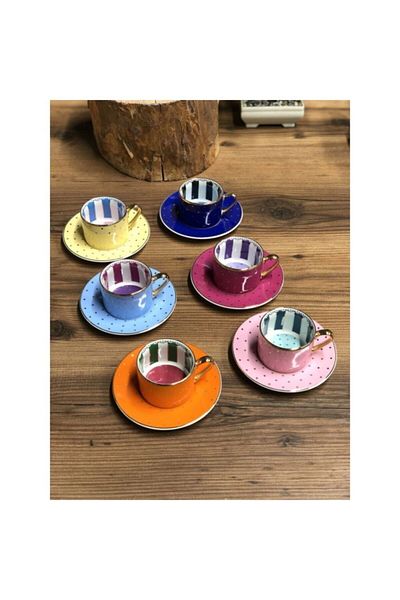 Kosova Bone China 6-Piece Cup Set Dot Striped Fnc-07