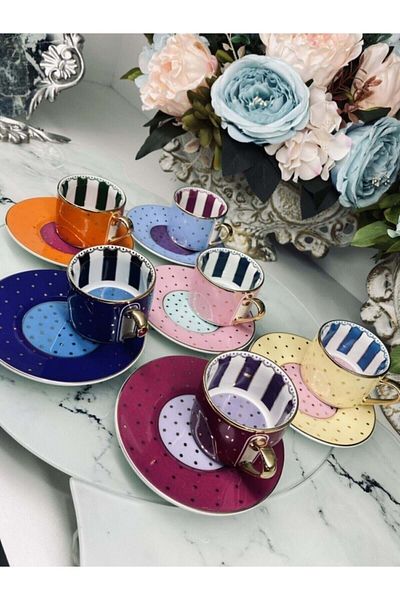 Kosova 6-Piece Polka Dot Mixed Coffee Cup Set - Bone China Fnc-07