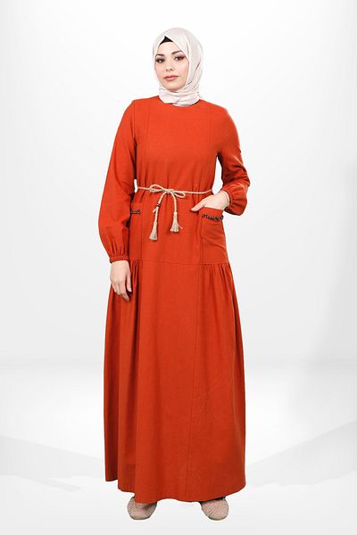 Beyza Πλακάκι Χρώμα Φόρεμα Hijab - Crew Neck, Πέτρινη τσέπη και ζώνη με κορδόνι 5654