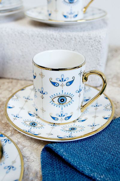 Kosova Ist-134 Evil Eye - 90 CC 6-Piece Gold Gilt Turkish Coffee Cup Set