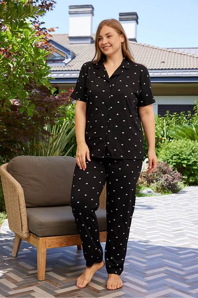 PİJAMOOD Black Cotton Pajamas Set - Short Sleeve, Button Front, Plus Size