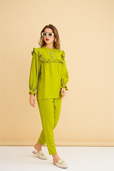 Basicpark Porty Stone Embroidered and Ruffle Detailed Olive Tunic Trouser Set