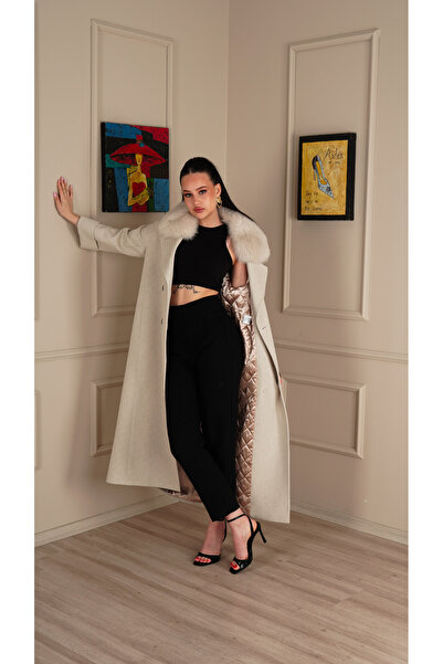 KENT Ecru Fur Collar Detailed Belted Long Coat