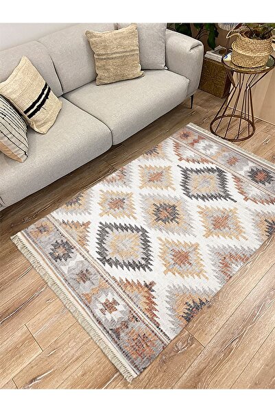 kilim home Cotton Serisi Ekitme Kahve Tonlarında Otantik Naturel Desen Dekora...