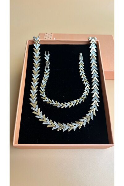 Alix Accessories Takım Kadın V Model Kolye-Bileklik Taşlı