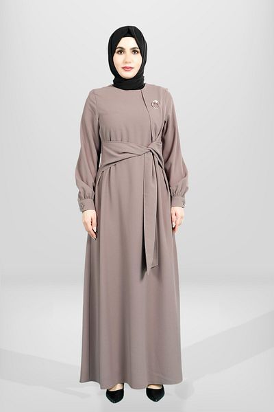 Beyza Φόρεμα με χιτζάμπ σε χρώμα βιζόν - Λεπτομέρεια δεμένη μπροστά, καρφίτσα 5667