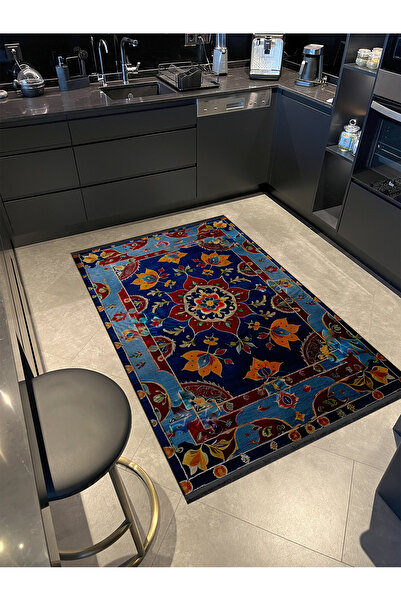 Rugs Modern Halı Mavi Tonlarda Antik Tasarım Serisi Kırmızı Detaylı Turuncu Ç...