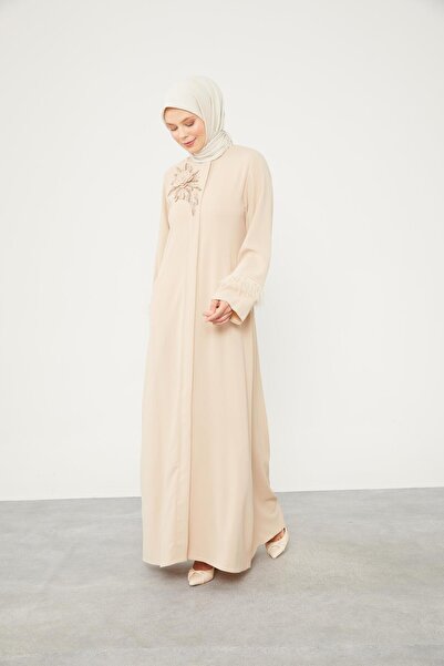 Levidor Beige Ferace - Stone Embroidered and Feather Detailed