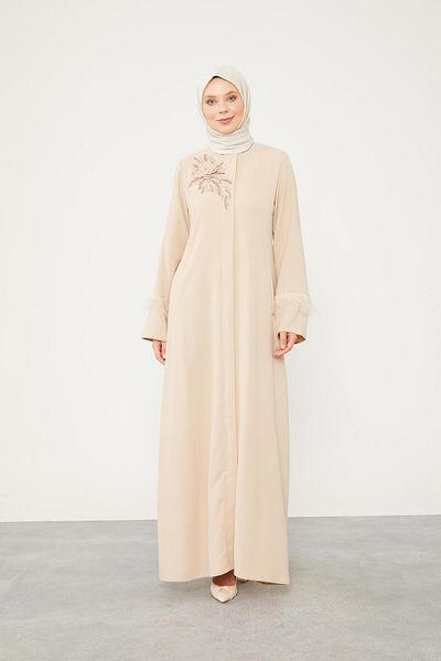Levidor Beige Ferace - Stone Embroidered and Feather Detailed