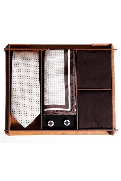 1001 Kravat Wooden Gift Boxed Silk Tie Silk Handkerchief Metal Cufflinks Men's Gift Set with Bamboo Socks