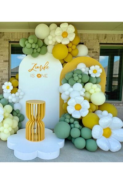 Çemrek Süs Parti مجموعة سلسلة بالونات الأقحوان باللون الأبيض الكركمي الأبيض والأقحوان الأصفر من الأوكالبتوس مكونة من 100 قطعة