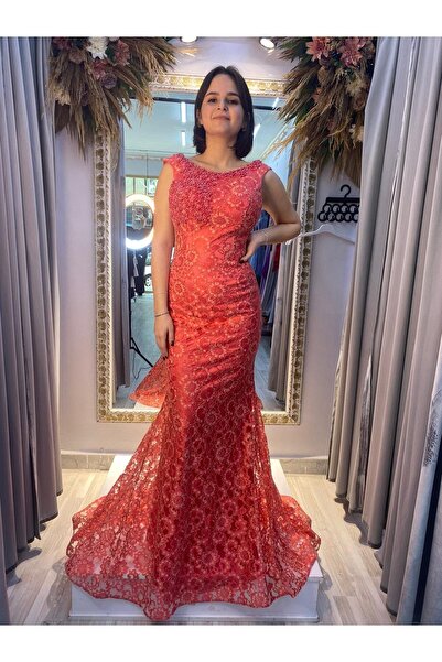 Abiye's Turuncu Dantel Balık Ve Sırt Boncuk Dekolteli