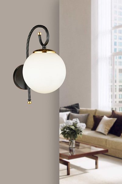 SONSUZ AYDINLATMA&AVİZE Black Azra White Globe Glass Downward Facing Modern Sconce