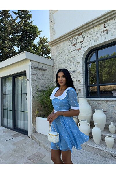 popibutik SırBebe Yaka Puantiyeli Şifon Kumaş Mini Mavi Elbise