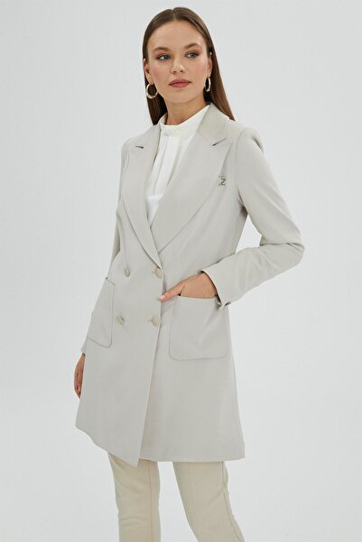 Zühre Kruvaze Yaka Gizli Cep Detaylı Ceket Gri C-0024