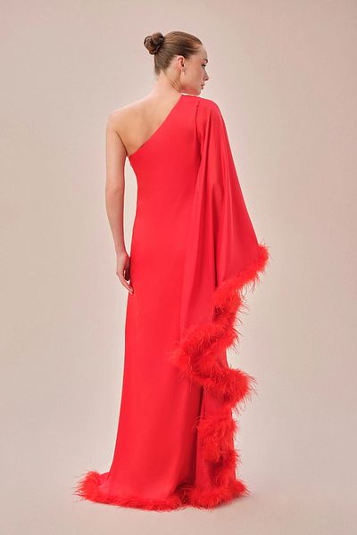 Oleg Cassini One Shoulder Red Satin Long Evening Dress - VC5699