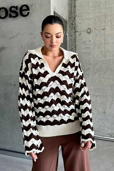 MODAGEN Ecru V-Neck Brown Striped Women's Knitwear Sweater