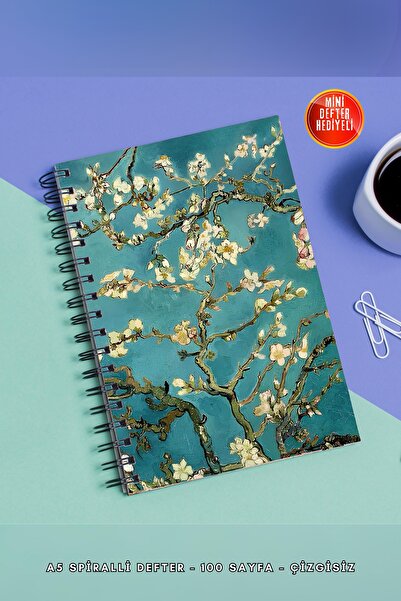 SevindirenŞeyler Van Gogh Almond Tree A5 - Planificator pentru caiet fără linii cu spirală metalică