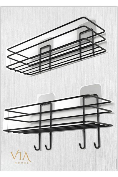 VİE HOUSE Set of 2 Black Bathroom Organizer - Adhesive Shower Shelf Organizer with 4 Hangers